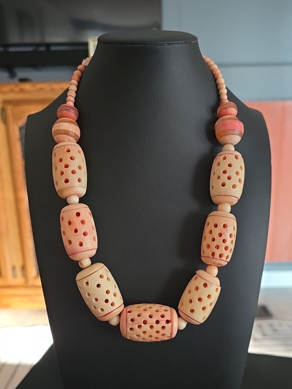 Handcrafted Coral and Natural Wood Beaded Necklace